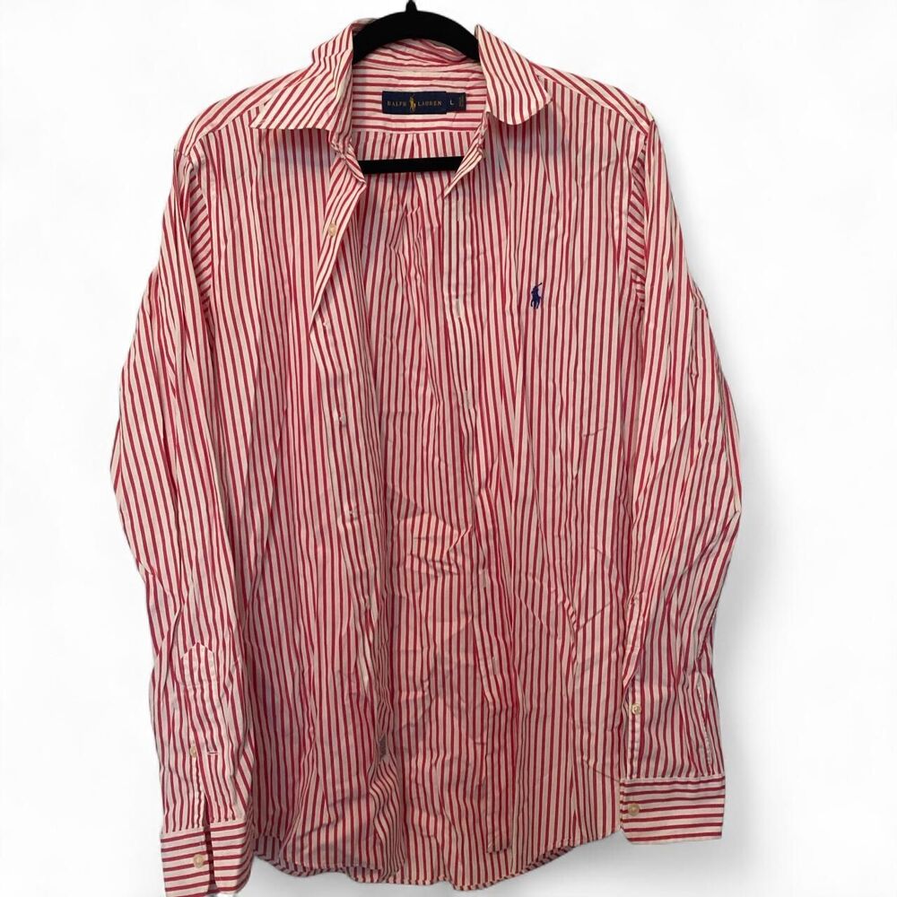 Ralph-lauren Men's Pink and White Striped Button Down Long Sleeve